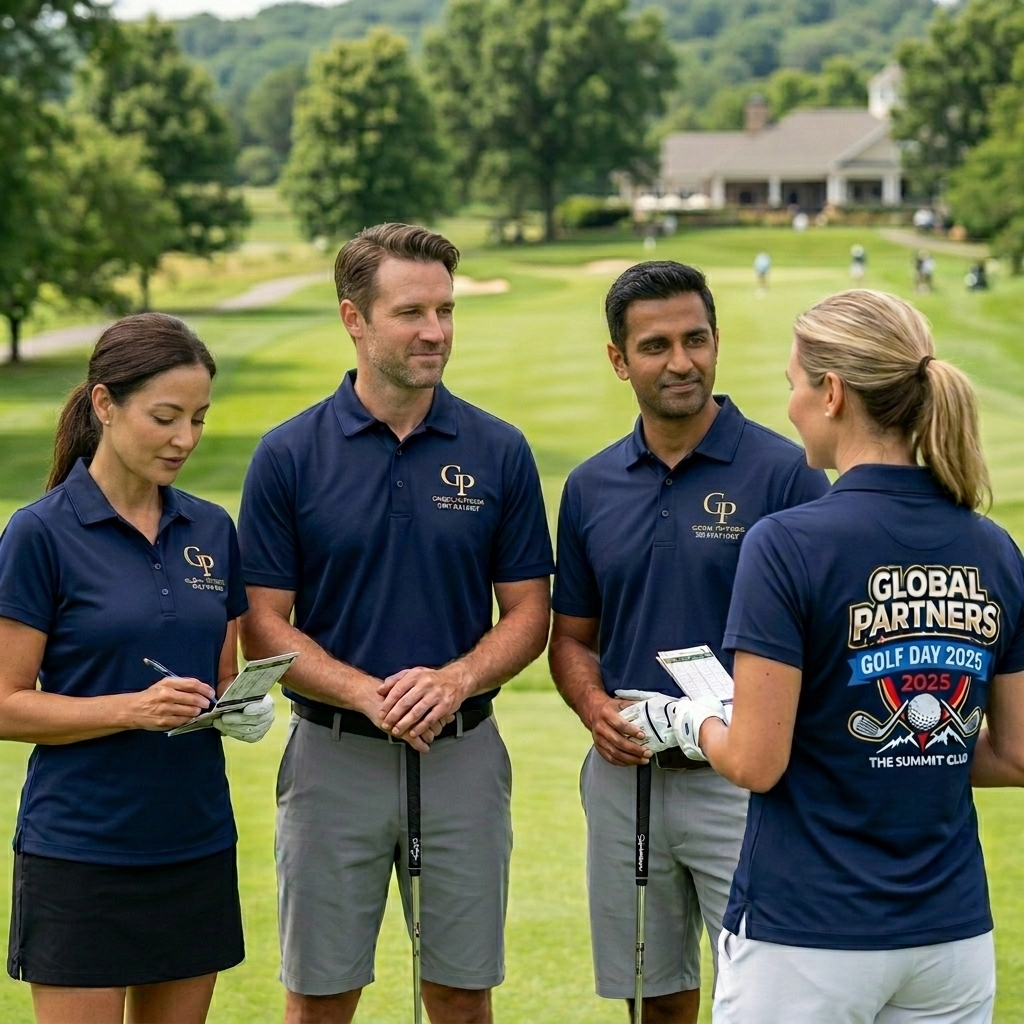 Custom branded apparel for corporate golf days and business events