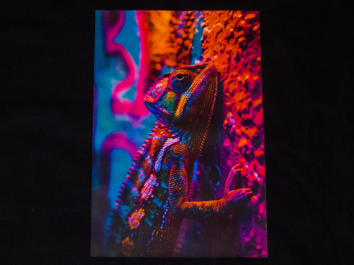 Close-up of a bright DTF++ print with 13 ink channels by OneOff Custom Apparel